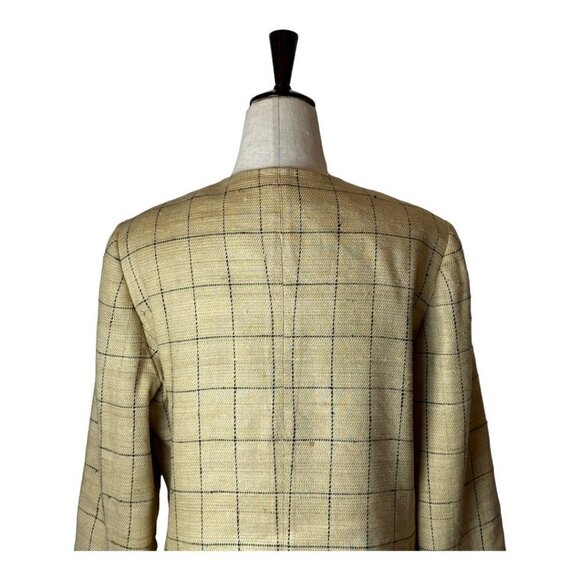 Max Mara Tan And‎ Black Plaid Silk And Linen Blend Two Button Blazer Size 12 - Picture 3 of 13